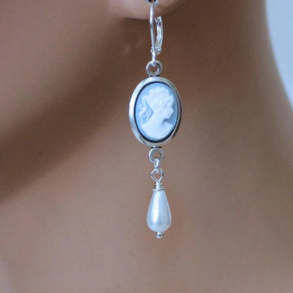 Blue Cameo Silver Earrings