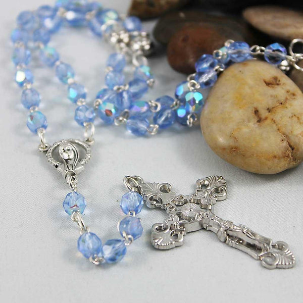 Blue Crystal Silver Cross Rosary Necklace