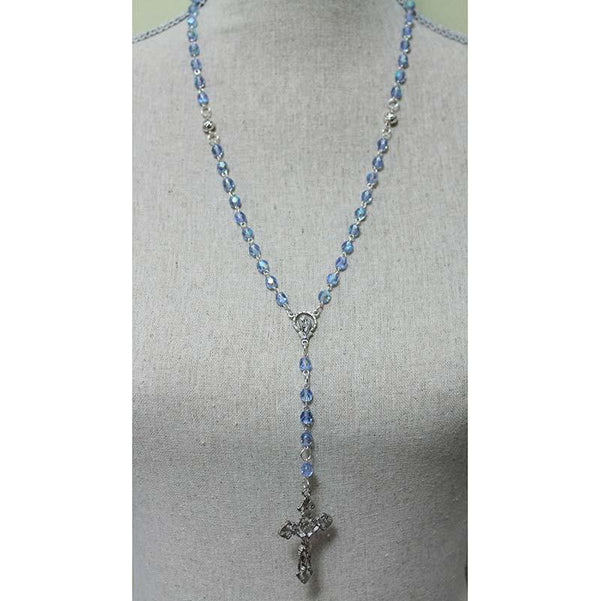 Blue Crystal Silver Cross Rosary Necklace