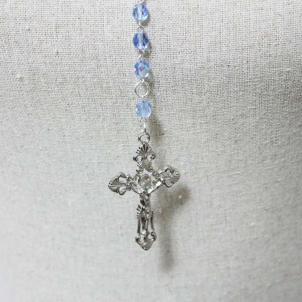 Blue Crystal Silver Cross Rosary Necklace