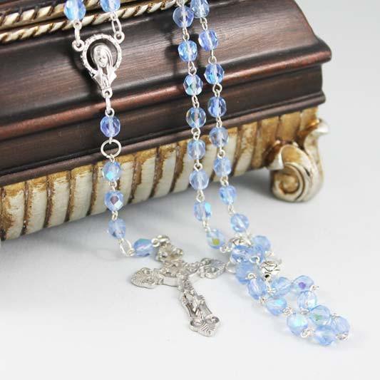 Blue Crystal Silver Cross Rosary Necklace