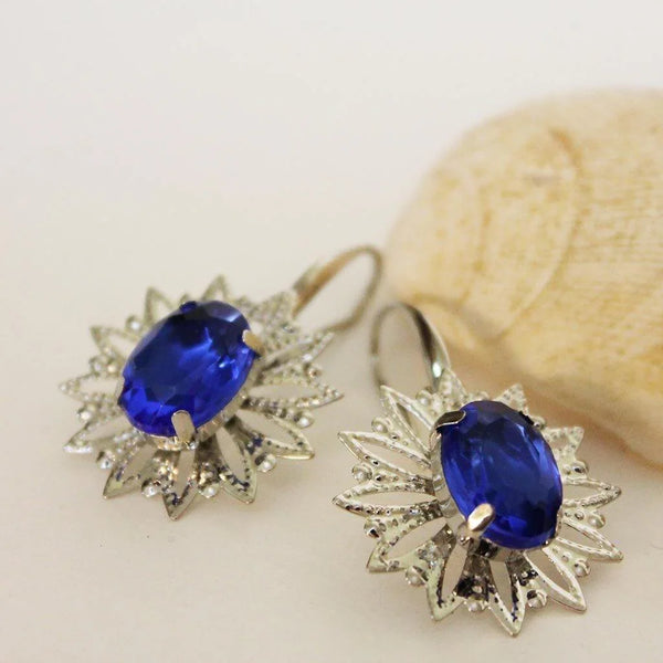 Blue Crystal Silver Filigree Dangle Earrings