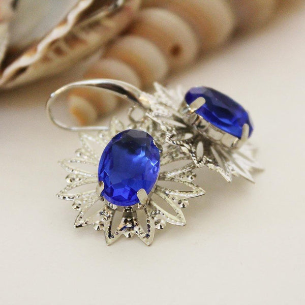 Blue Crystal Silver Filigree Dangle Earrings