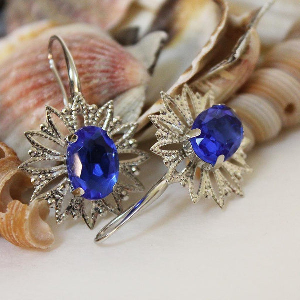Blue Crystal Silver Filigree Dangle Earrings