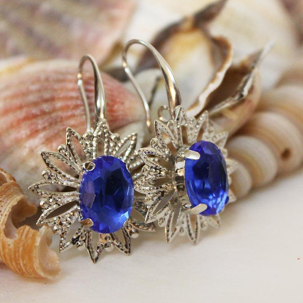 Blue Crystal Silver Filigree Dangle Earrings
