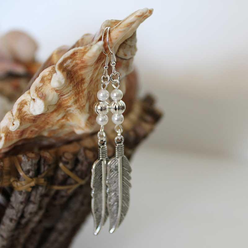 Boho Double Pearl Feather Dangle Earrings