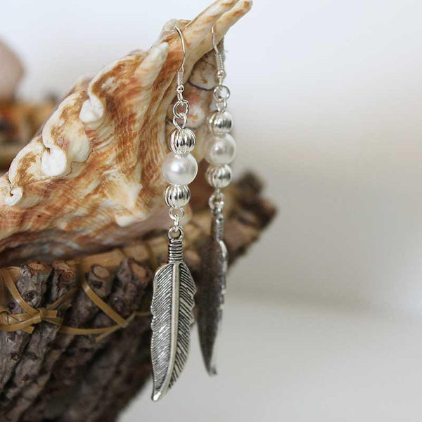 Boho Long Pearl Feather Dangle Earrings