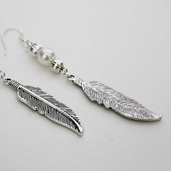 Boho Long Pearl Feather Dangle Earrings