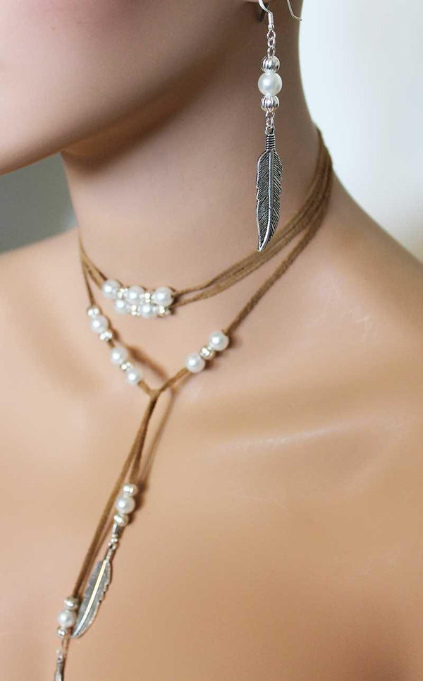 Boho Long Pearl Feather Dangle Earrings