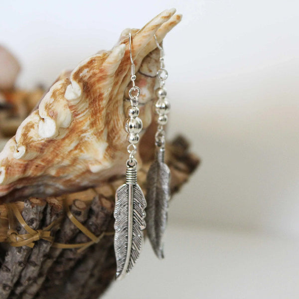 Boho Silver Bead Feather Dangle Earrings