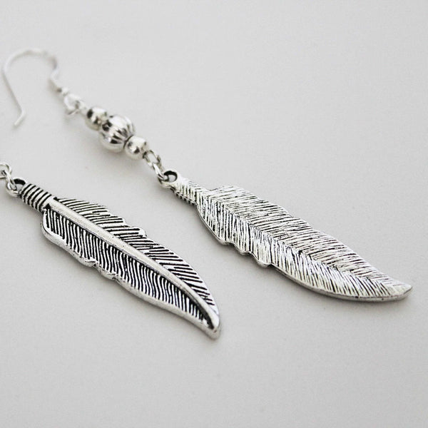 Boho Silver Bead Feather Dangle Earrings