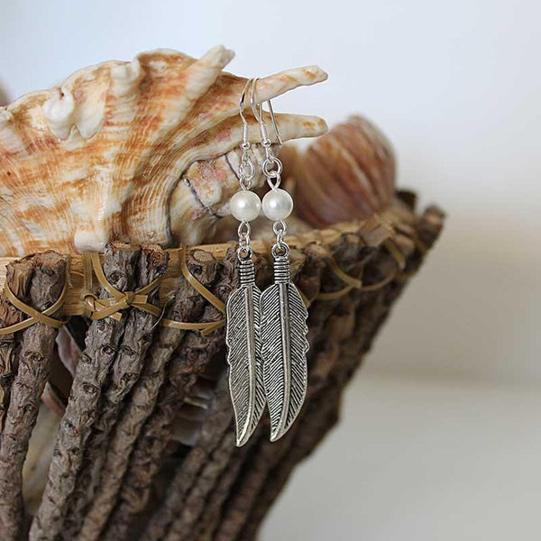 Boho Silver Feather Single Pearl Dangle Earrings