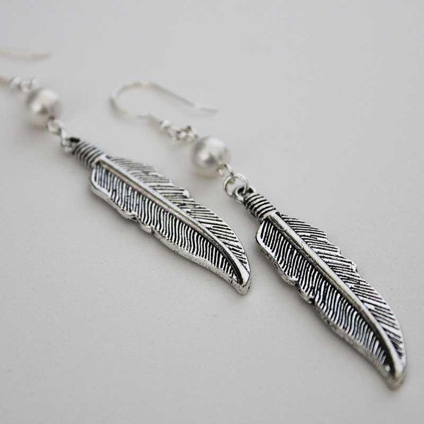 Boho Silver Feather Single Pearl Dangle Earrings