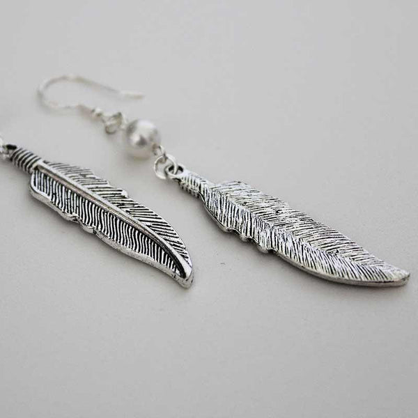 Boho Silver Feather Single Pearl Dangle Earrings