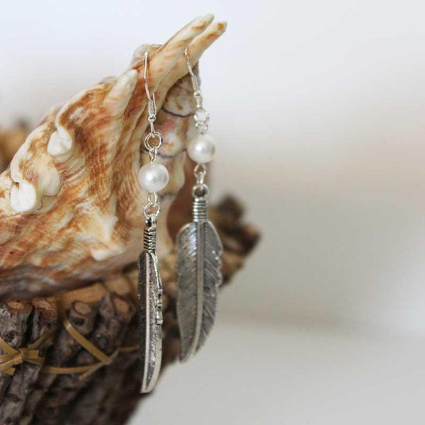 Boho Silver Feather Single Pearl Dangle Earrings