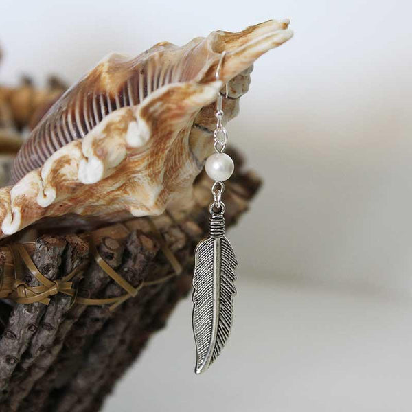 Boho Silver Feather Single Pearl Dangle Earrings