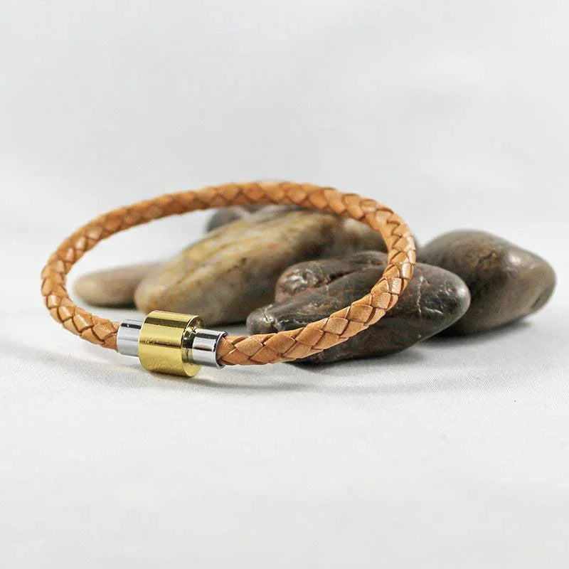 Braided Tan Leather Gold & Silver Clasp Bracelet