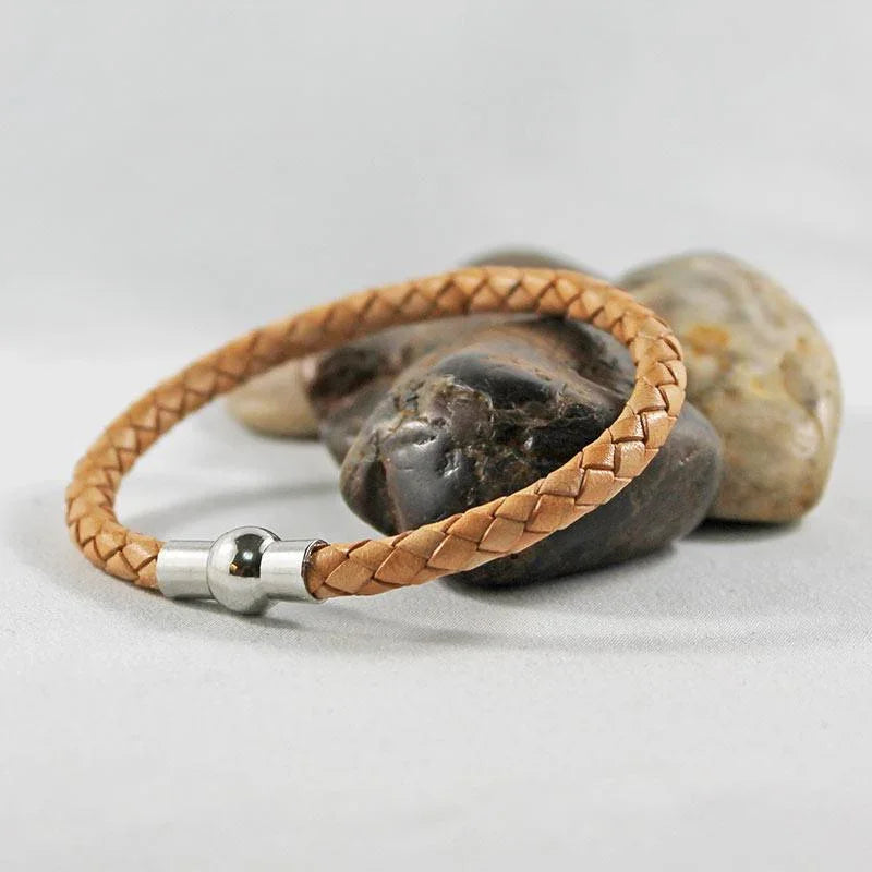 Braided Tan Leather Silver Magnetic Clasp Bracelet