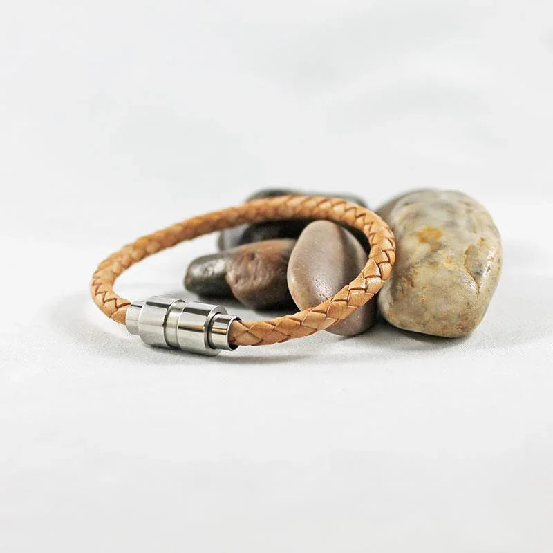 Braided Tan Leather Stainless Steel Magnetic Clasp Bracelet