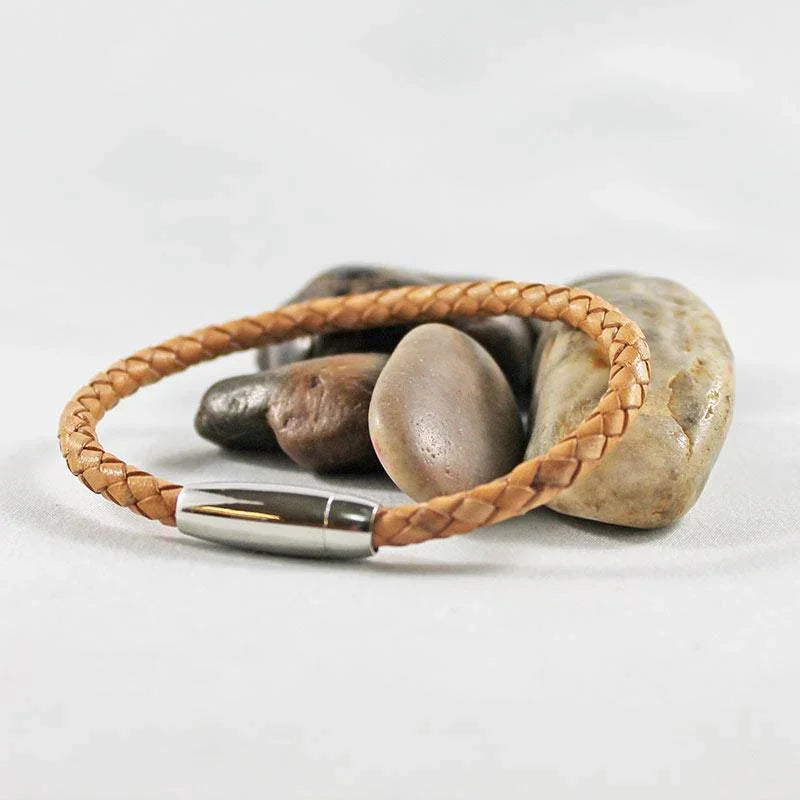 Braided Tan Leather Stainless Tube Magnetic Clasp Bracelet