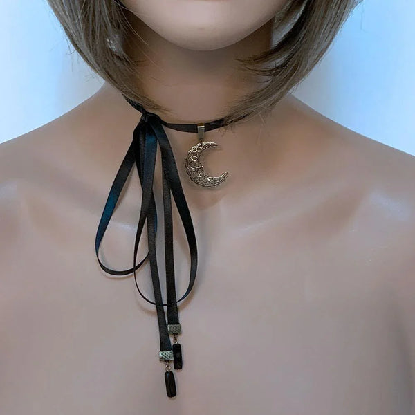 Brass Crescent Moon Ribbon Choker Necklace