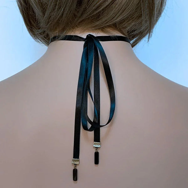 Brass Crescent Moon Ribbon Choker Necklace