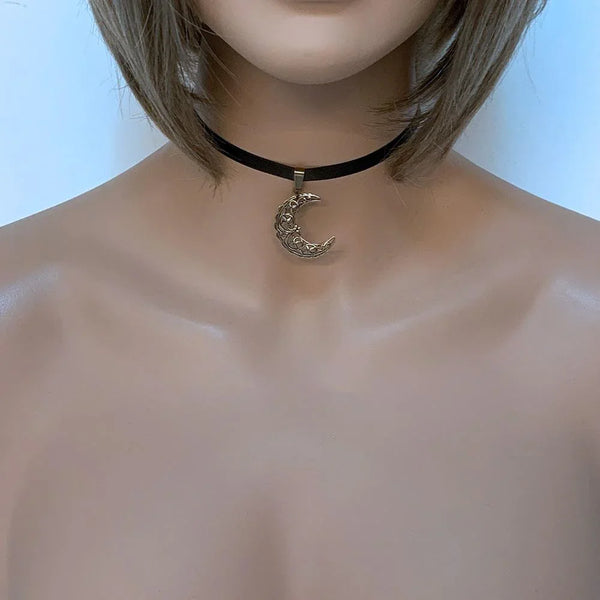 Brass Crescent Moon Ribbon Choker Necklace
