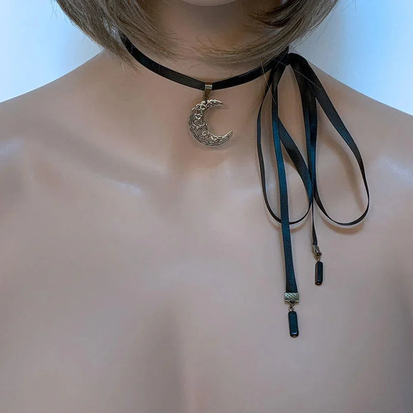 Brass Crescent Moon Ribbon Choker Necklace