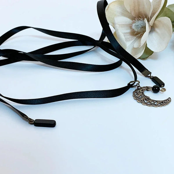 Brass Filigree Moon Ribbon Choker Necklace