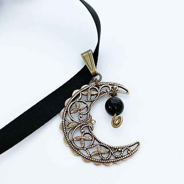 Brass Filigree Moon Ribbon Choker Necklace