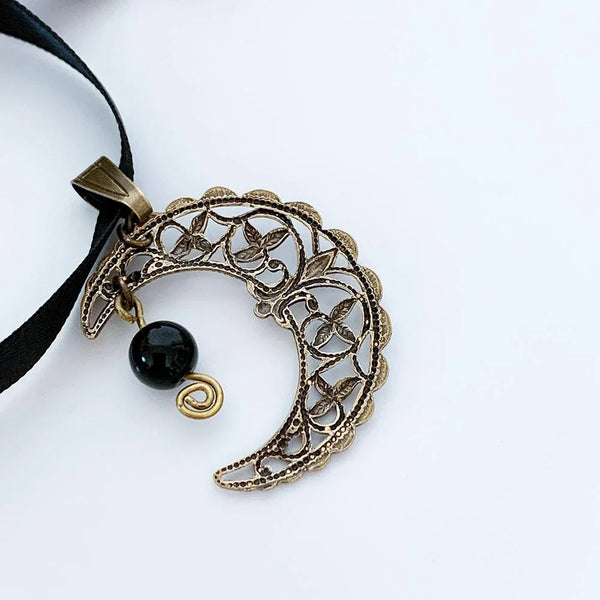 Brass Filigree Moon Ribbon Choker Necklace