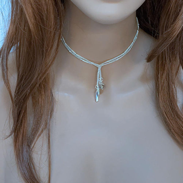 Bright Silver Lariat Choker Necklace, 31"
