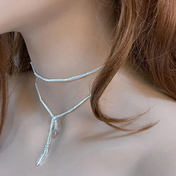 Bright Silver Lariat Choker Necklace, 31"