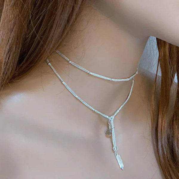 Bright Silver Lariat Choker Necklace, 31"