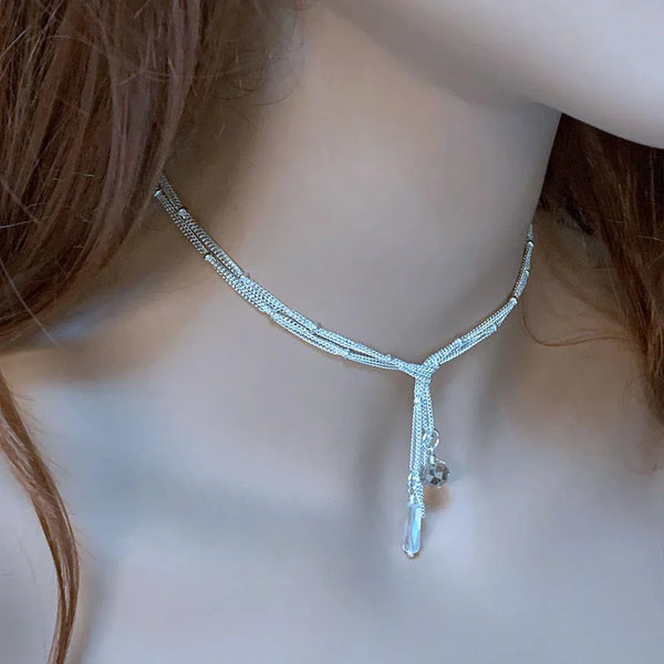 Bright Silver Lariat Choker Necklace, 31"
