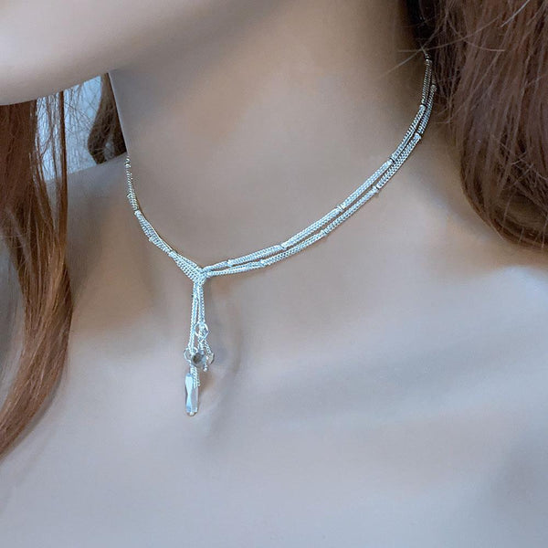 Bright Silver Lariat Choker Necklace, 31"