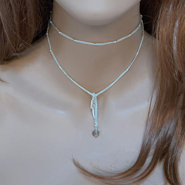 Bright Silver Lariat Choker Necklace, 31"