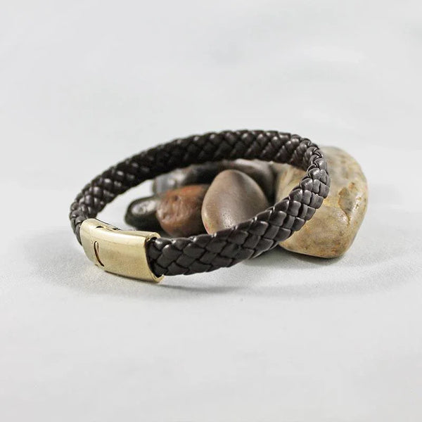 Brown Leather Gold Clasp Men's Bracelet