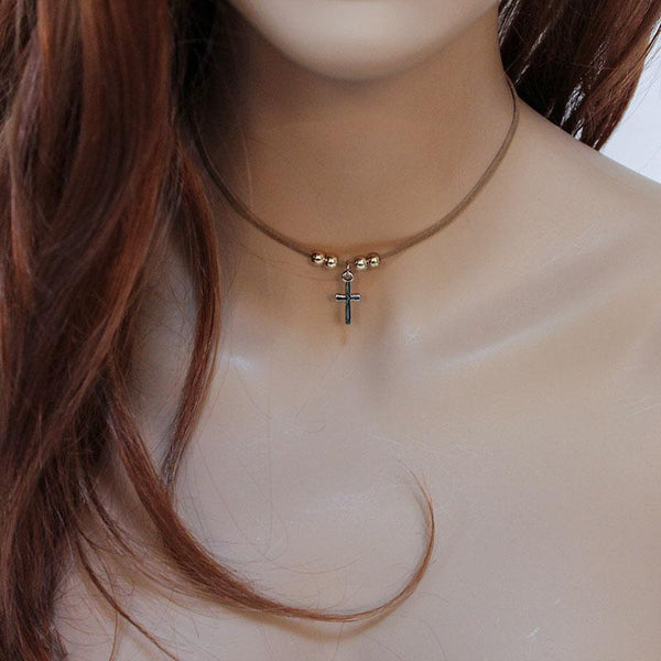 Brown Suede Cross Pendant Choker Necklace