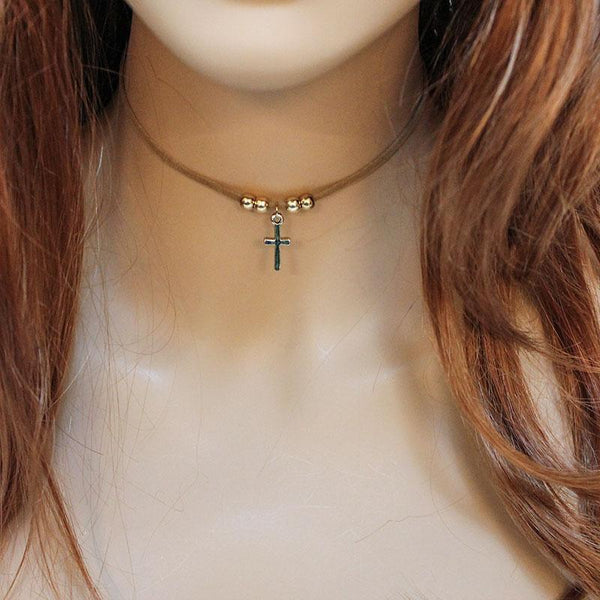 Brown Suede Cross Pendant Choker Necklace