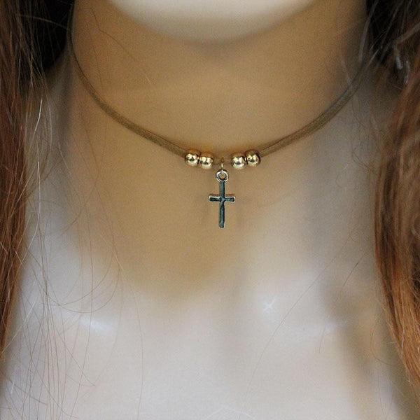 Brown Suede Cross Pendant Choker Necklace