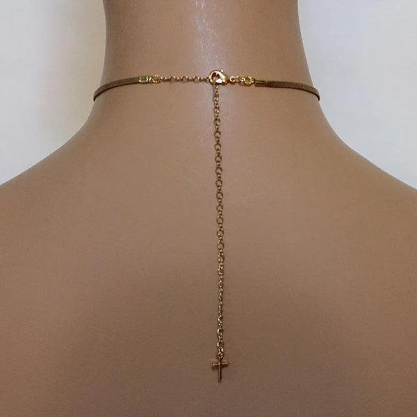 Brown Suede Cross Pendant Choker Necklace