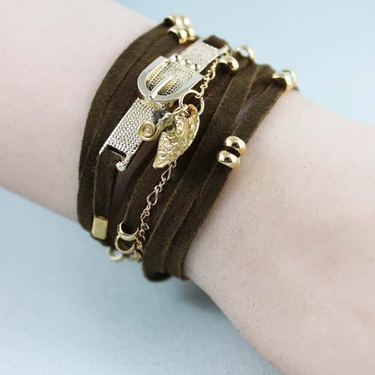 Brown Suede Gold Beaded Wrap Boho Bracelet