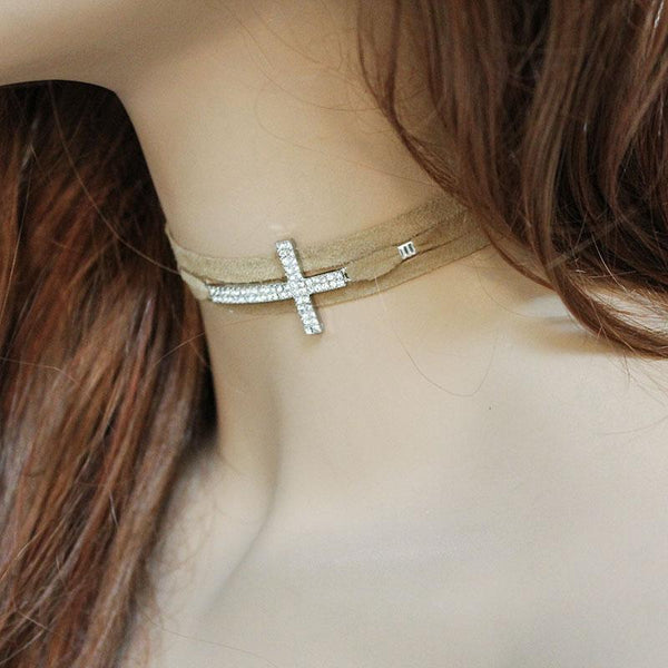Brown Suede Rhinestone Sideways Cross Choker