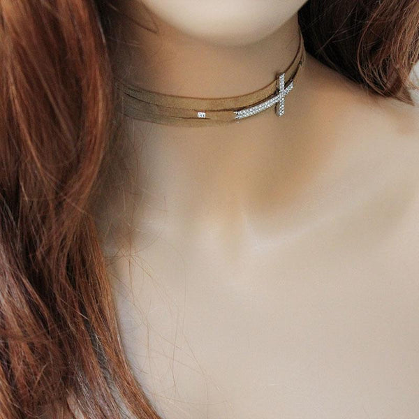 Brown Suede Rhinestone Sideways Cross Choker
