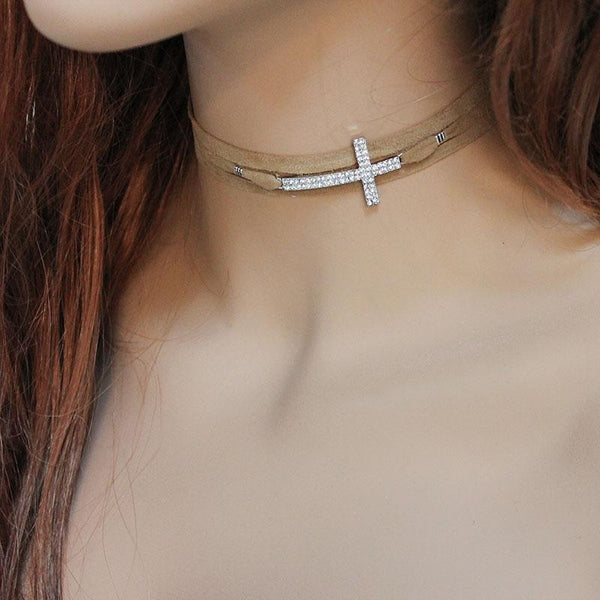 Brown Suede Rhinestone Sideways Cross Choker