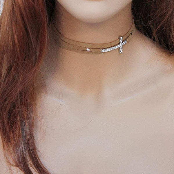 Brown Suede Rhinestone Sideways Cross Choker