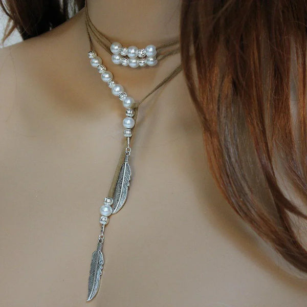 Brown Suede Silver Feather Pearl Lariat Necklace