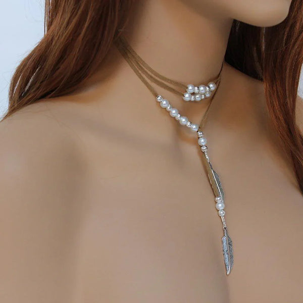 Brown Suede Silver Feather Pearl Lariat Necklace
