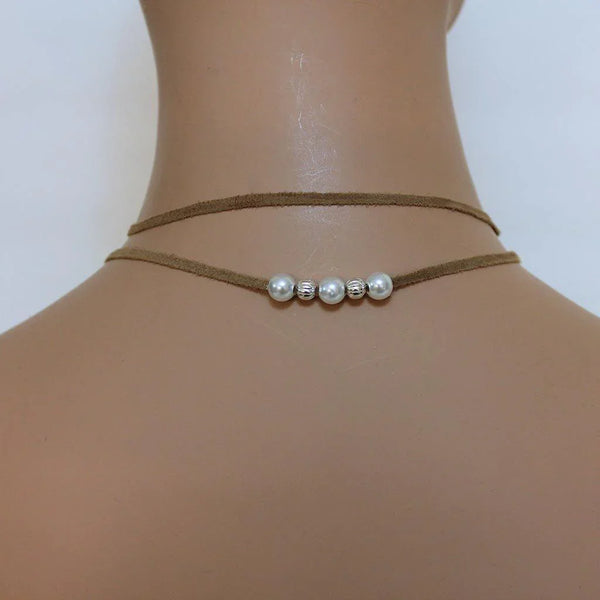 Brown Suede Silver Feather Pearl Lariat Necklace